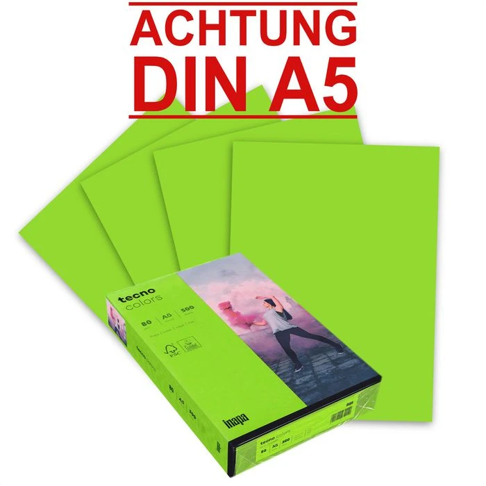 Inapa Tecno Colors, 2100019217, Kopierpapier Intensivgrün, A5, 80g/qm, 500 Blatt, Coloured Paper