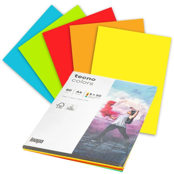 Inapa Tecno Colors, Kopierpapier, A4, 80g/qm, Intensiv Farbig Sortiert Intensiv Mix, 5x20 Blatt, 100 Blatt