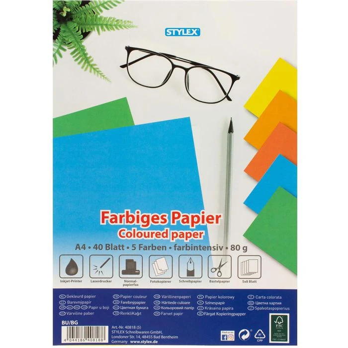 Stylex Kopierpapier 40818, A4, Intensivfarben, 80g/qm, Farbig Sortiert, 5 X 8 Blatt, 40 Blatt 4 Stylex Kopierpapier 40818, A4, Intensivfarben, 80g/qm, Farbig Sortiert, 5 X 8 Blatt, 40 Blatt – Bild 2