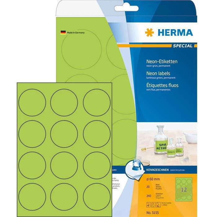 Herma Special 5155 Universaletiketten, Neon-grün, Rund, Ø 60mm, 20 Blatt, 240 Stück 3 Herma Special 5155 Universaletiketten, Neon-grün, Rund, Ø 60mm, 20 Blatt, 240 Stück