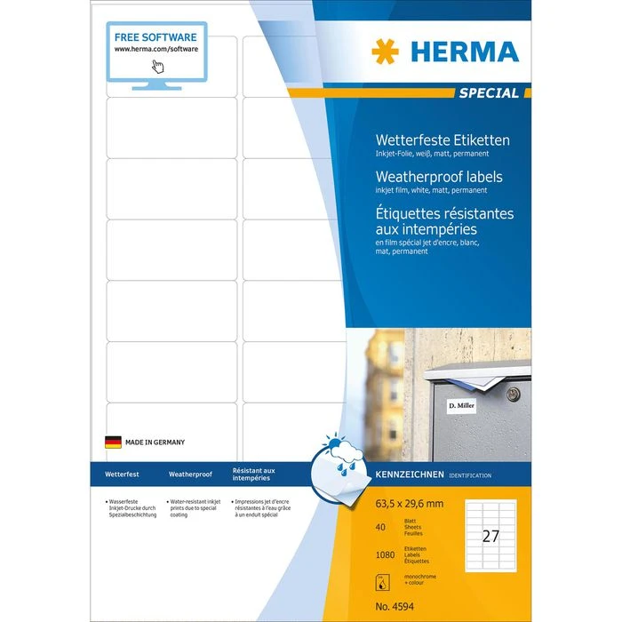 Herma Inkjet-Etiketten 4594, Special, Weiß, 63,5 X 29,6mm Matt Wetterfest 40 Blatt 1080 Stück 7 Herma Inkjet-Etiketten 4594, Special, Weiß, 63,5 X 29,6mm Matt Wetterfest 40 Blatt 1080 Stück – Bild 5